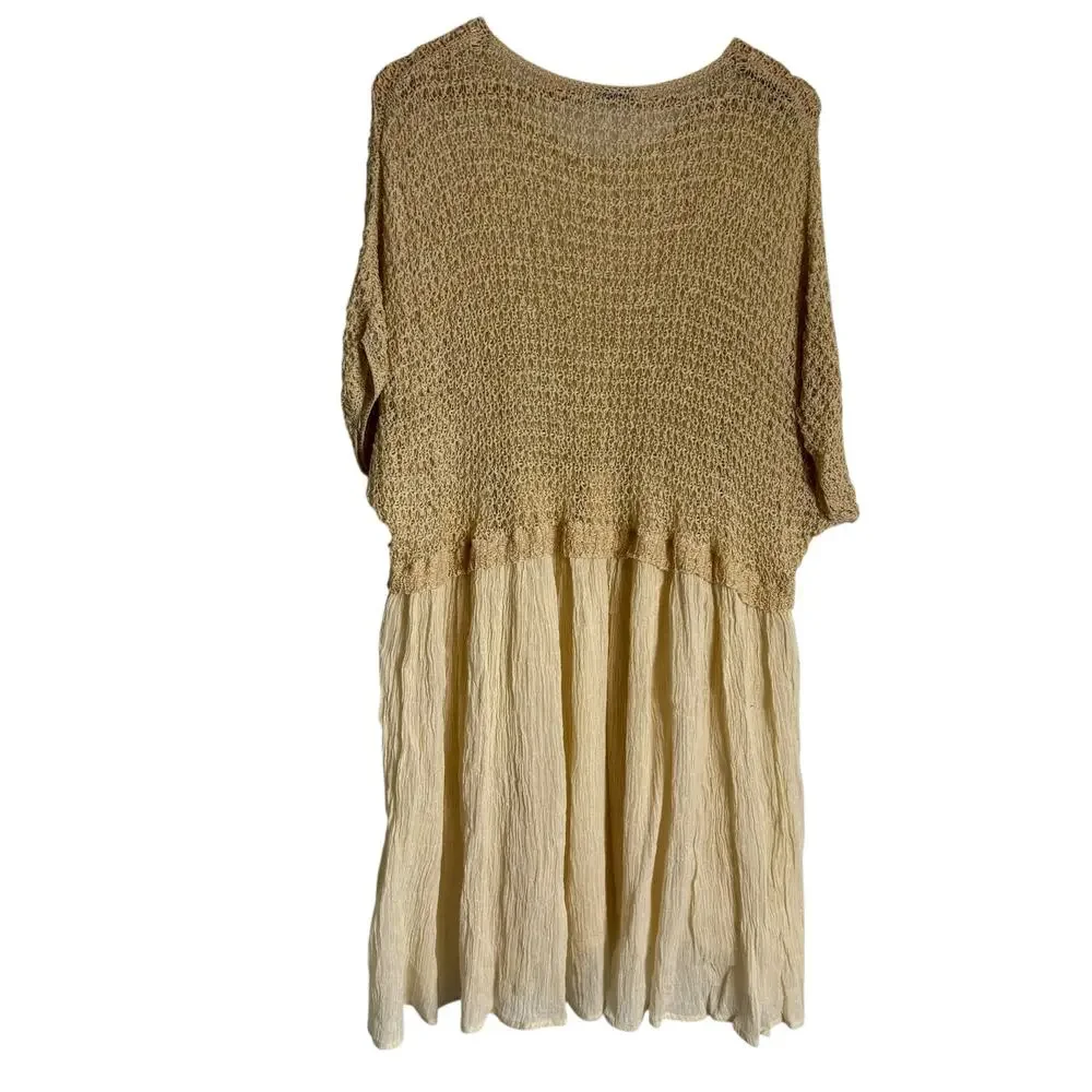 Mes Demoiselles Beige Cream Crochet Crinkle Mixed Media Boho Coastal Tunic Top L